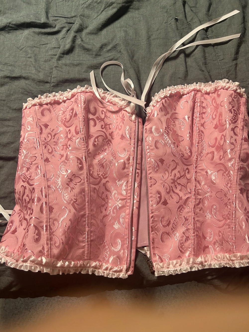 Pink Satin Brocade Corset Top with Ruffle Trim
